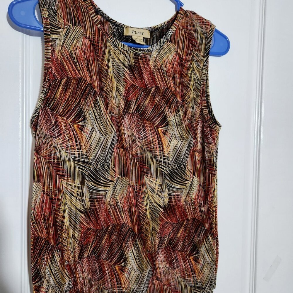 Vintage Plisse Sleeveless Tank Blouse Womens L Red Green Colorblock BS0562